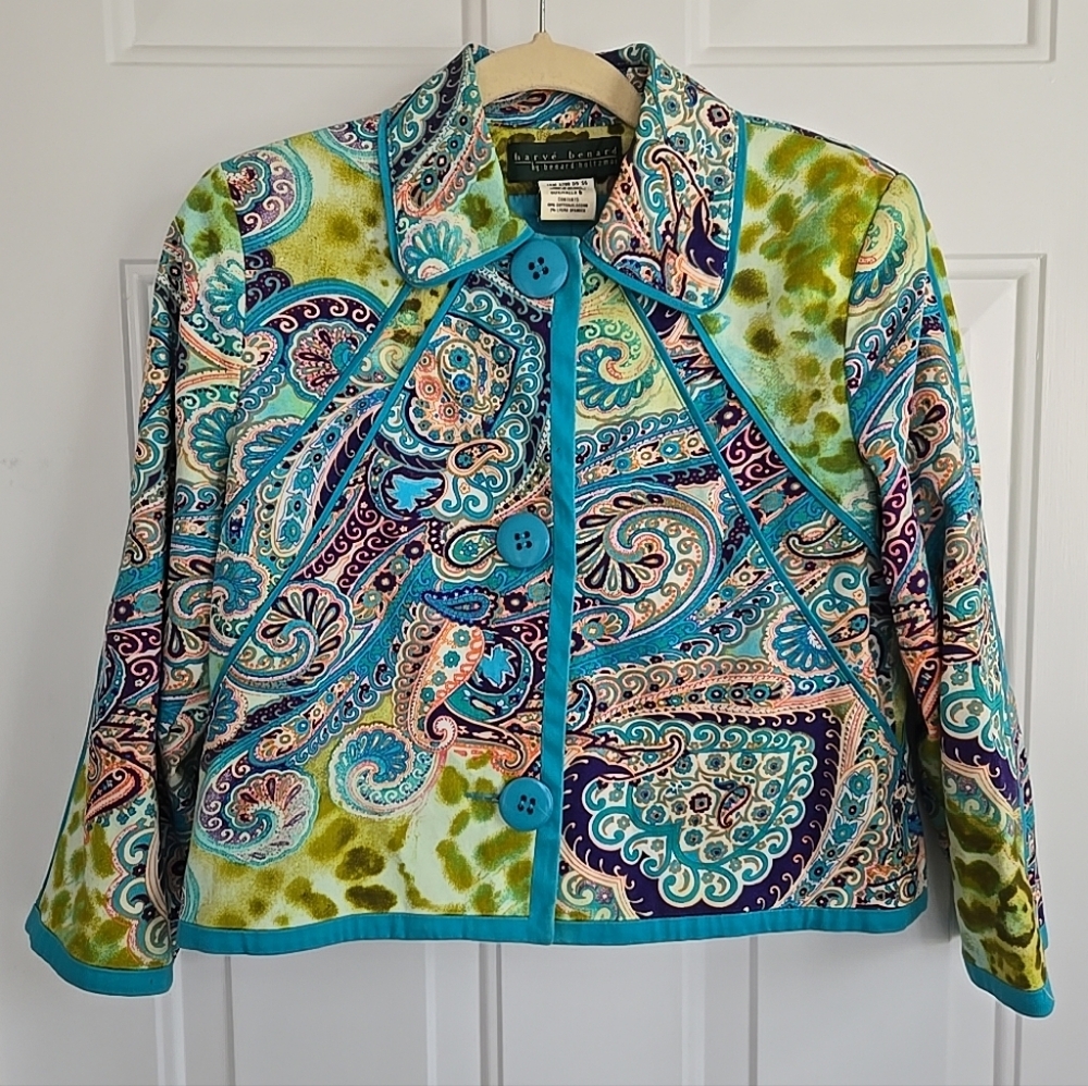 Harve Benard Ladied Cropped Turquoise Paisley Jacket Size 6